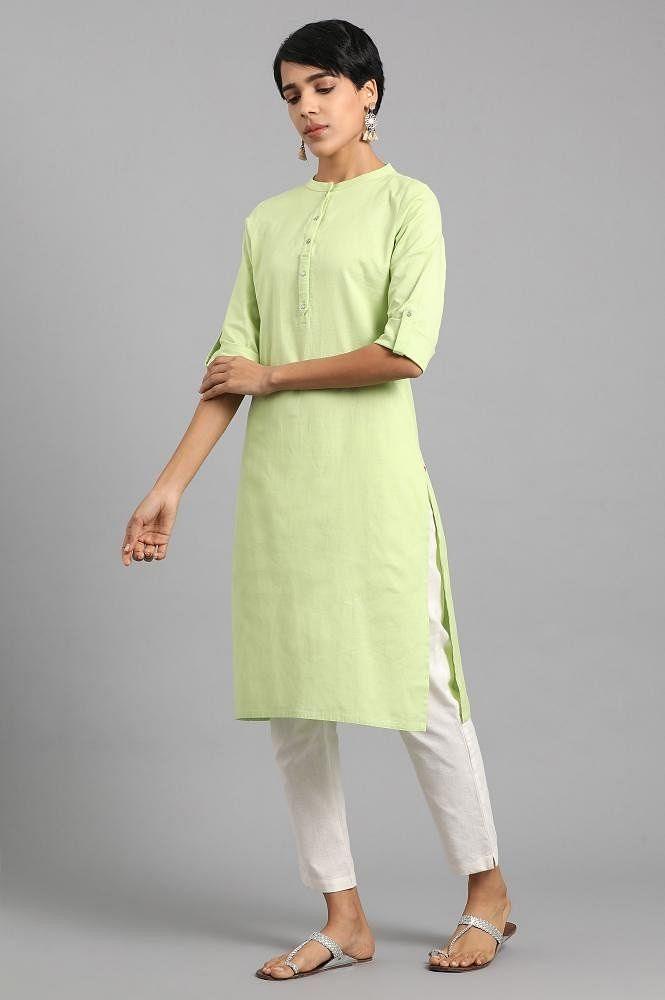 Green Mandarin Neck Solid kurta - wforwoman