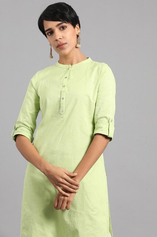 Green Mandarin Neck Solid kurta - wforwoman