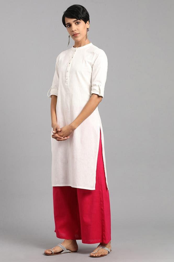 White Mandarin Neck Solid kurta - wforwoman