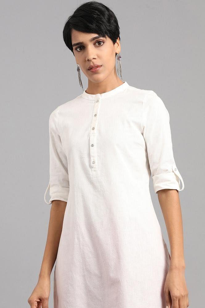 White Mandarin Neck Solid kurta - wforwoman