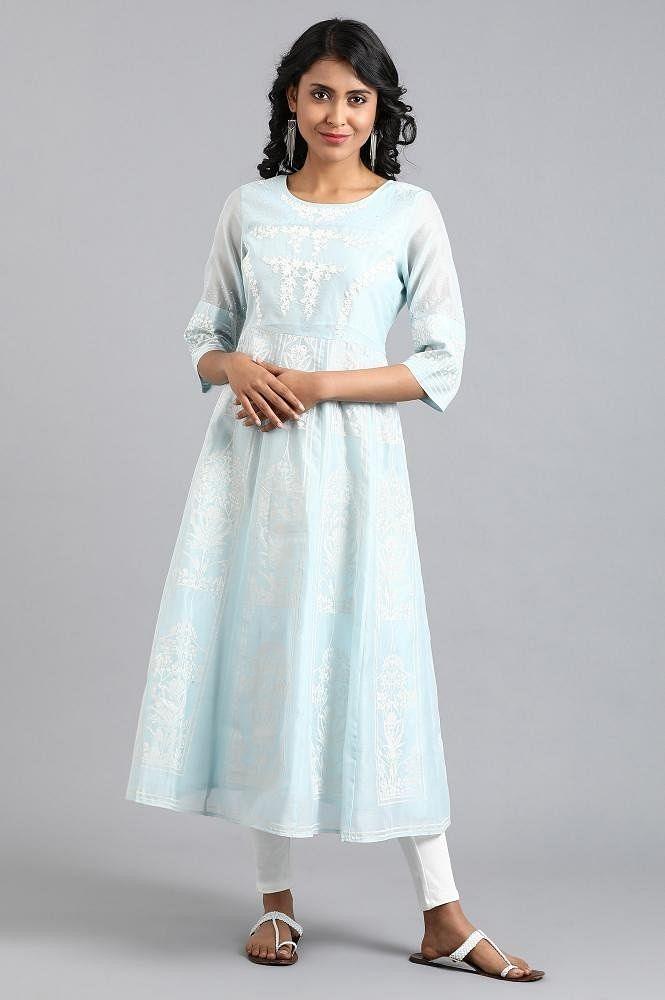 Blue Round Neck Printed kurta - wforwoman