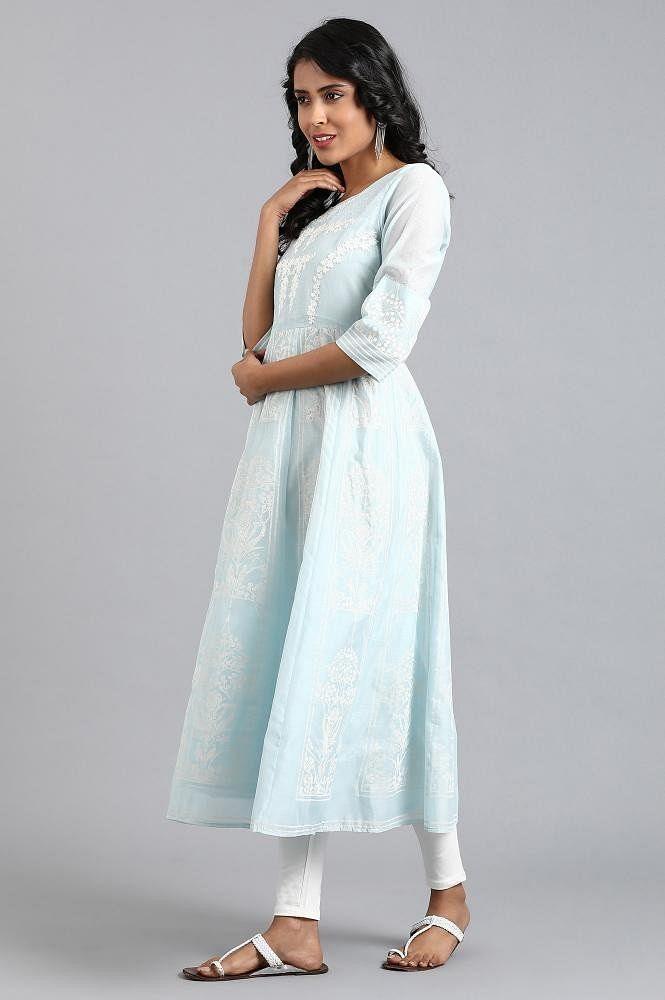 Blue Round Neck Printed kurta - wforwoman