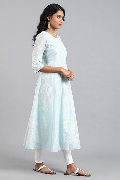 Blue Round Neck Printed kurta - wforwoman