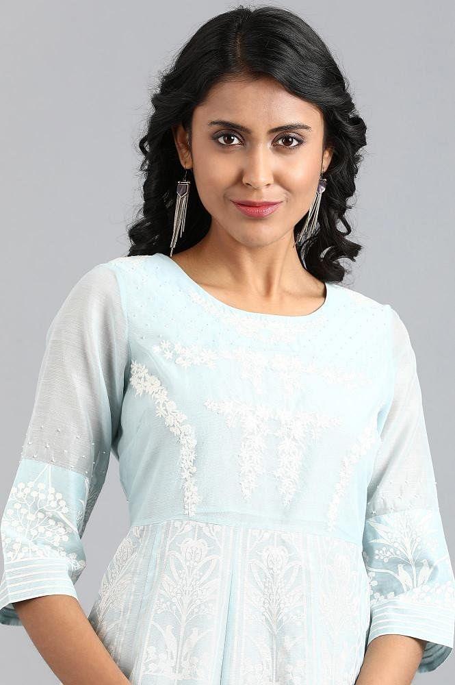 Blue Round Neck Printed kurta - wforwoman