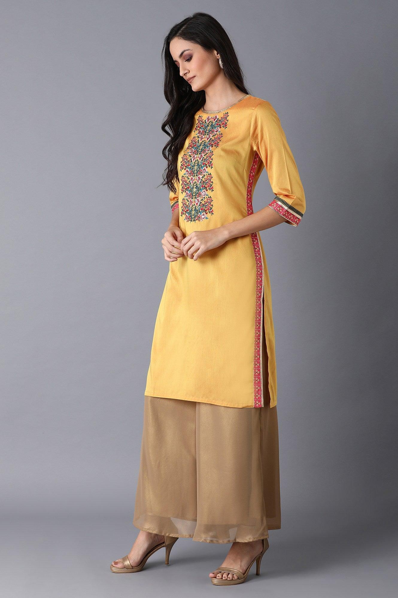 Yellow Multicoloured Embroidered kurta - wforwoman
