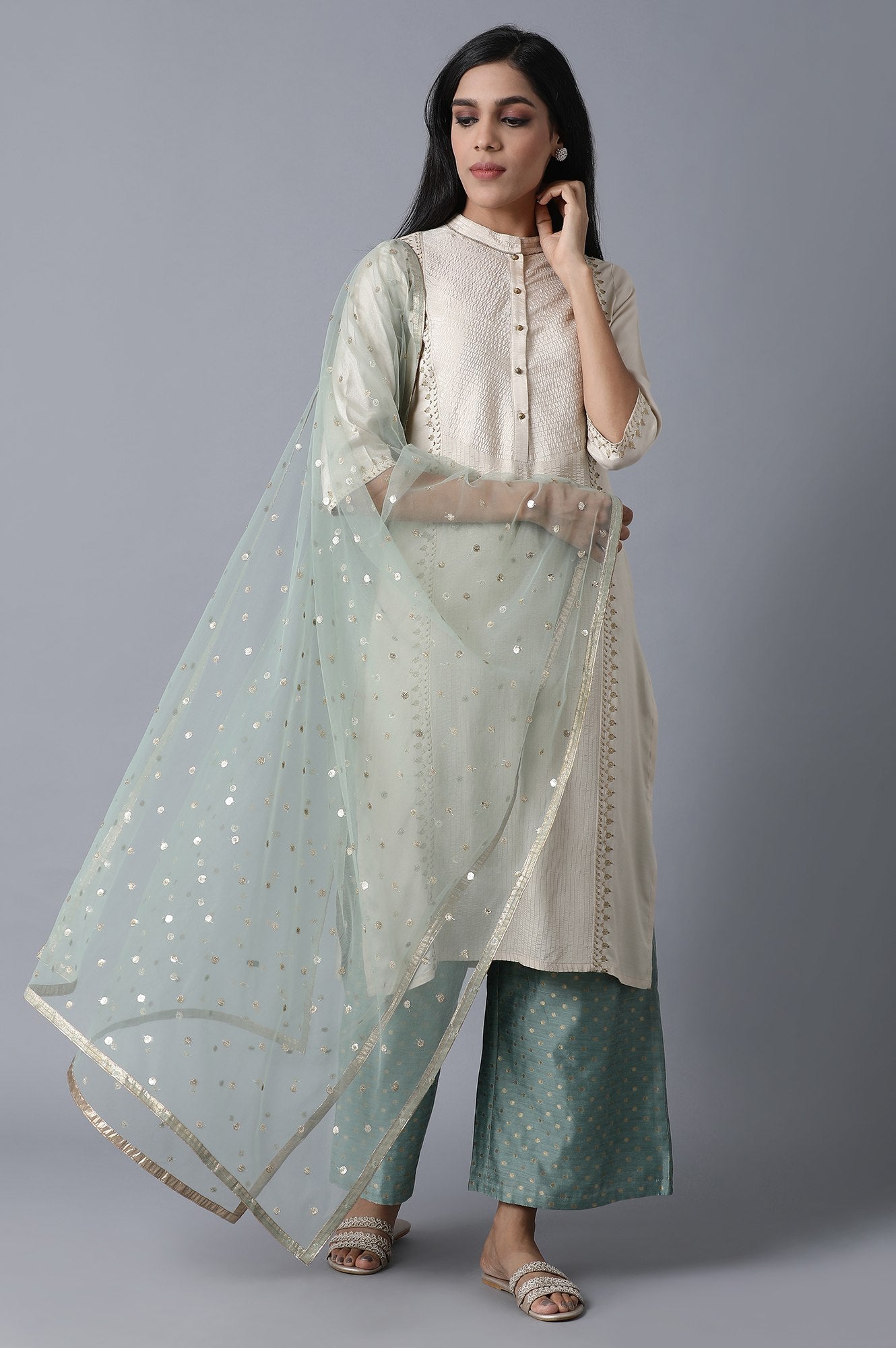 Mint Green Sequins Mesh Drape