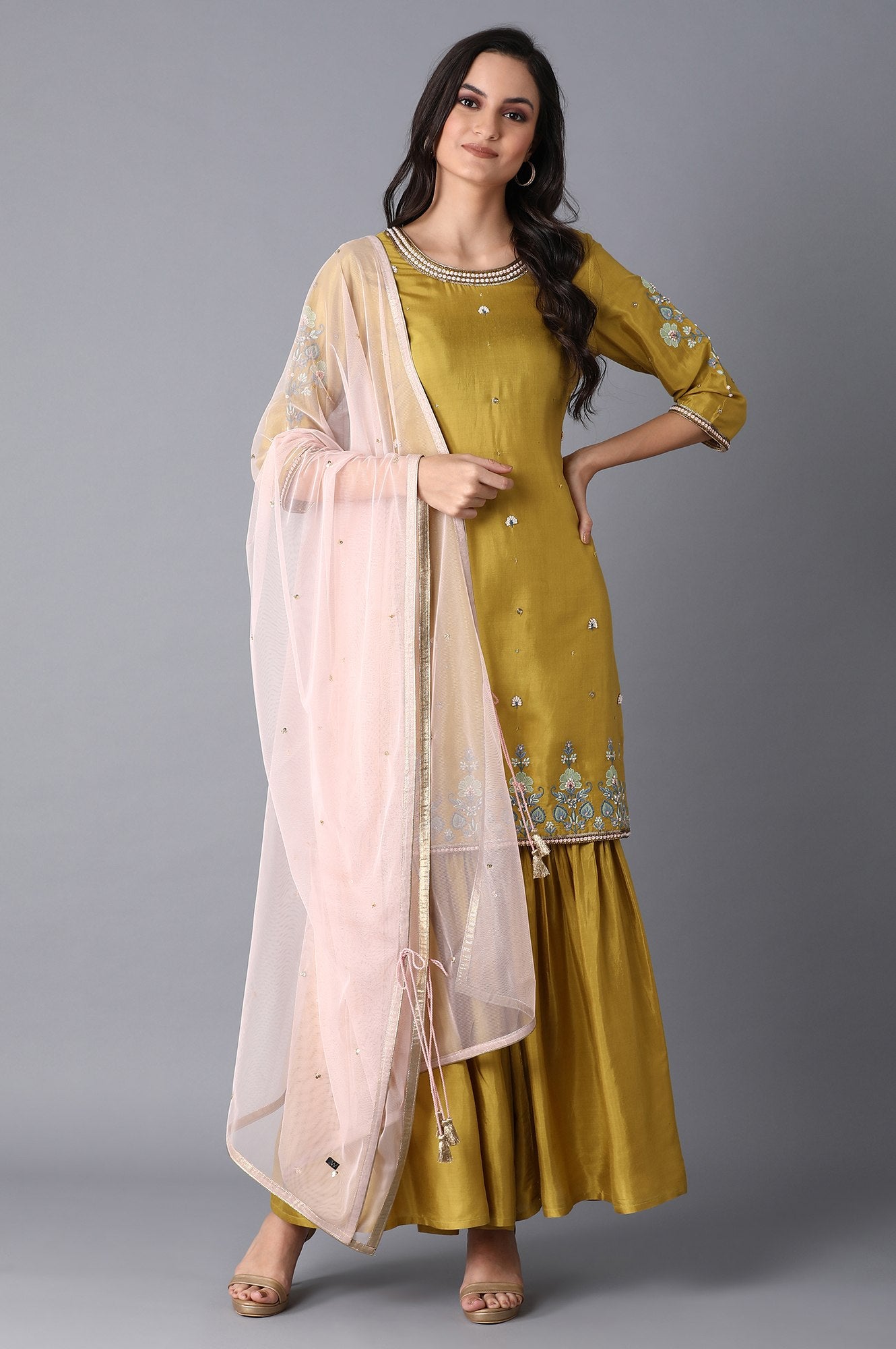 Olive Green Embroidered kurta-Sharara Set