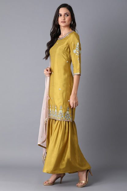 Olive Green Embroidered kurta-Sharara Set