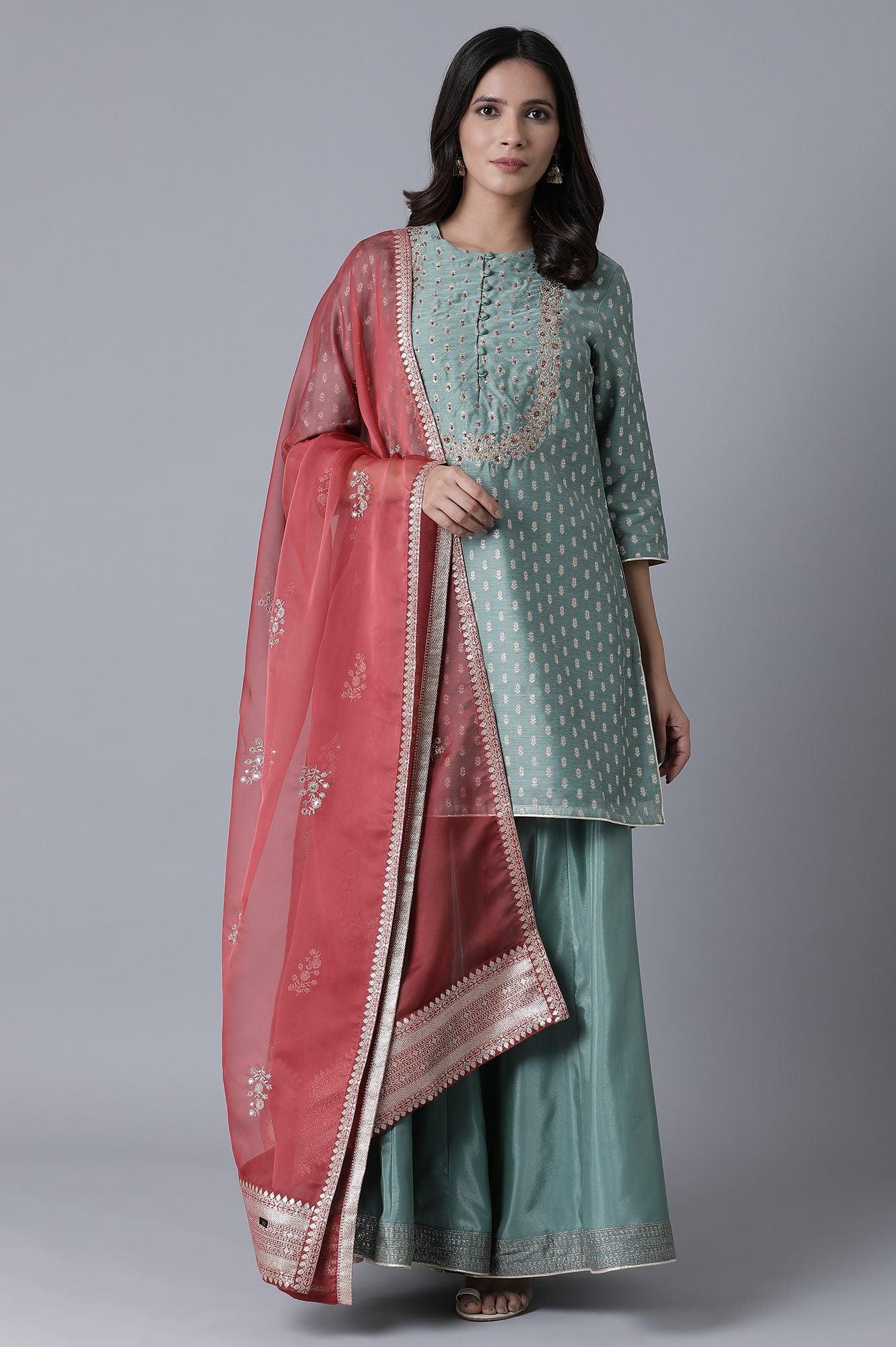 Teal Short kurta-Sharara-Drape Set - wforwoman