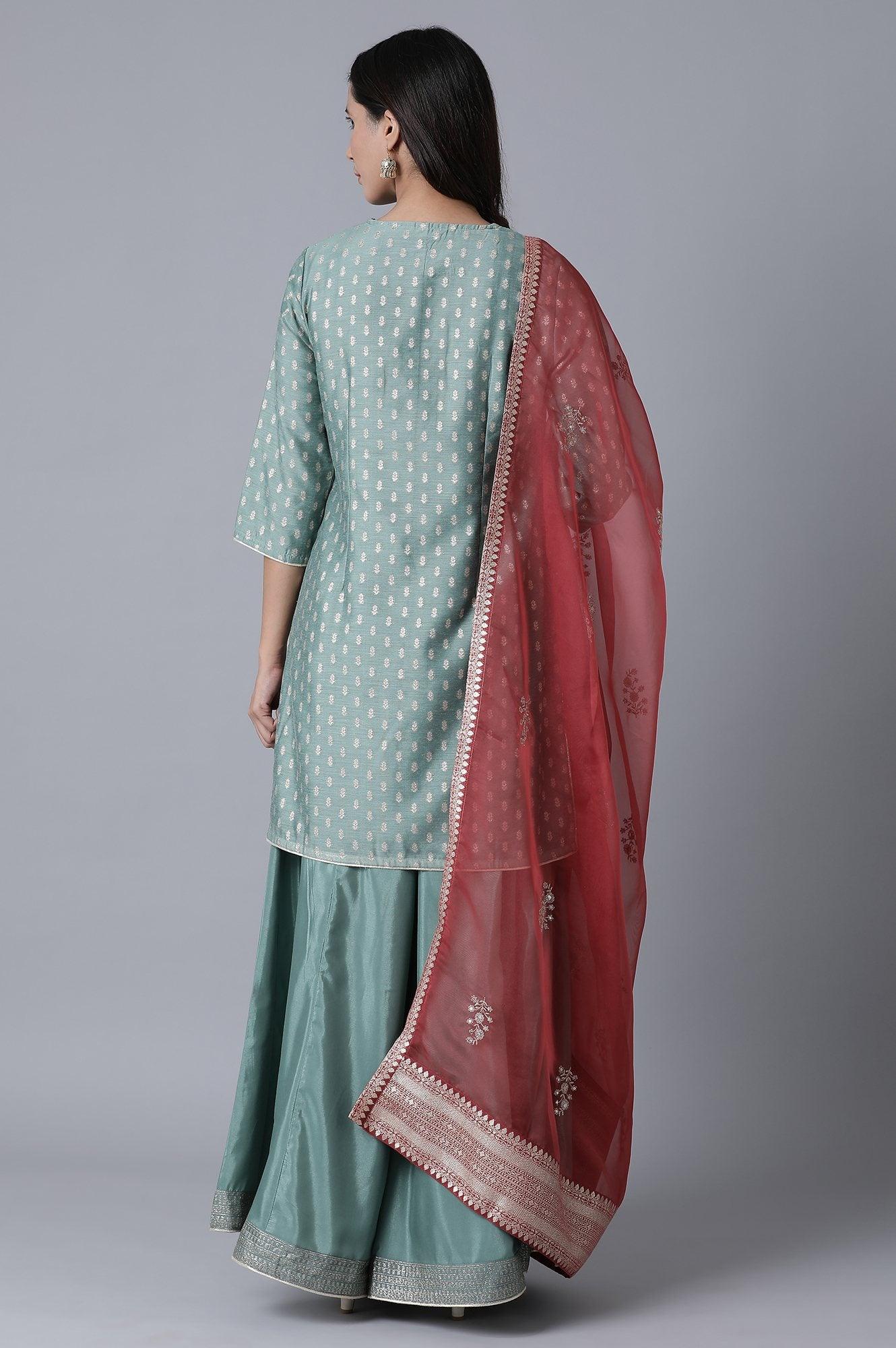 Teal Short kurta-Sharara-Drape Set - wforwoman