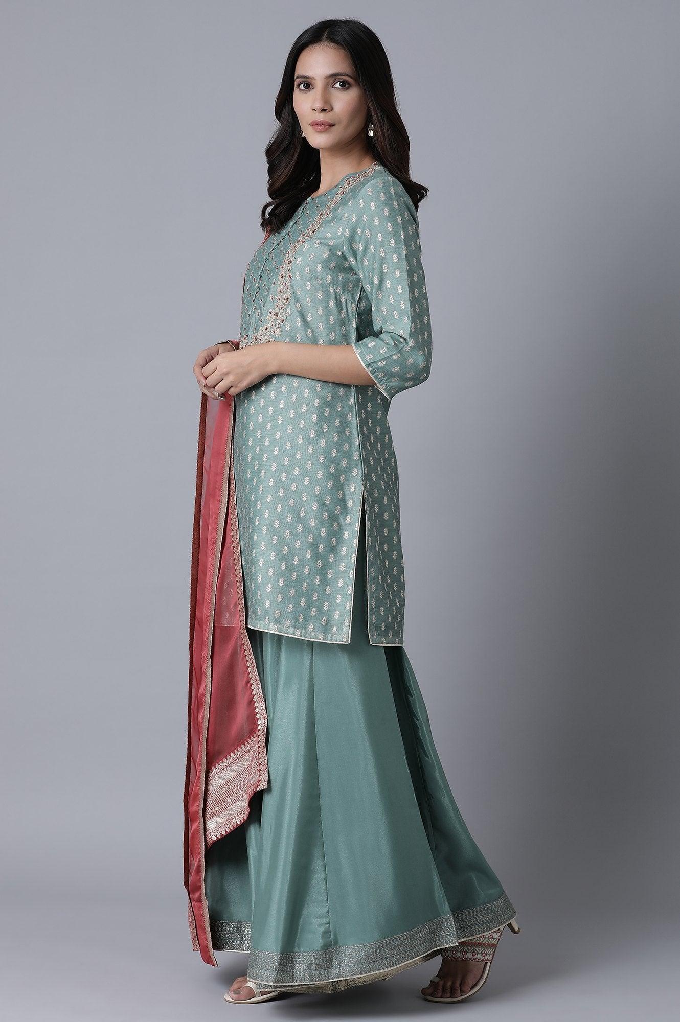 Teal Short kurta-Sharara-Drape Set - wforwoman