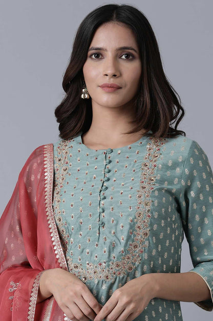 Teal Short kurta-Sharara-Drape Set - wforwoman