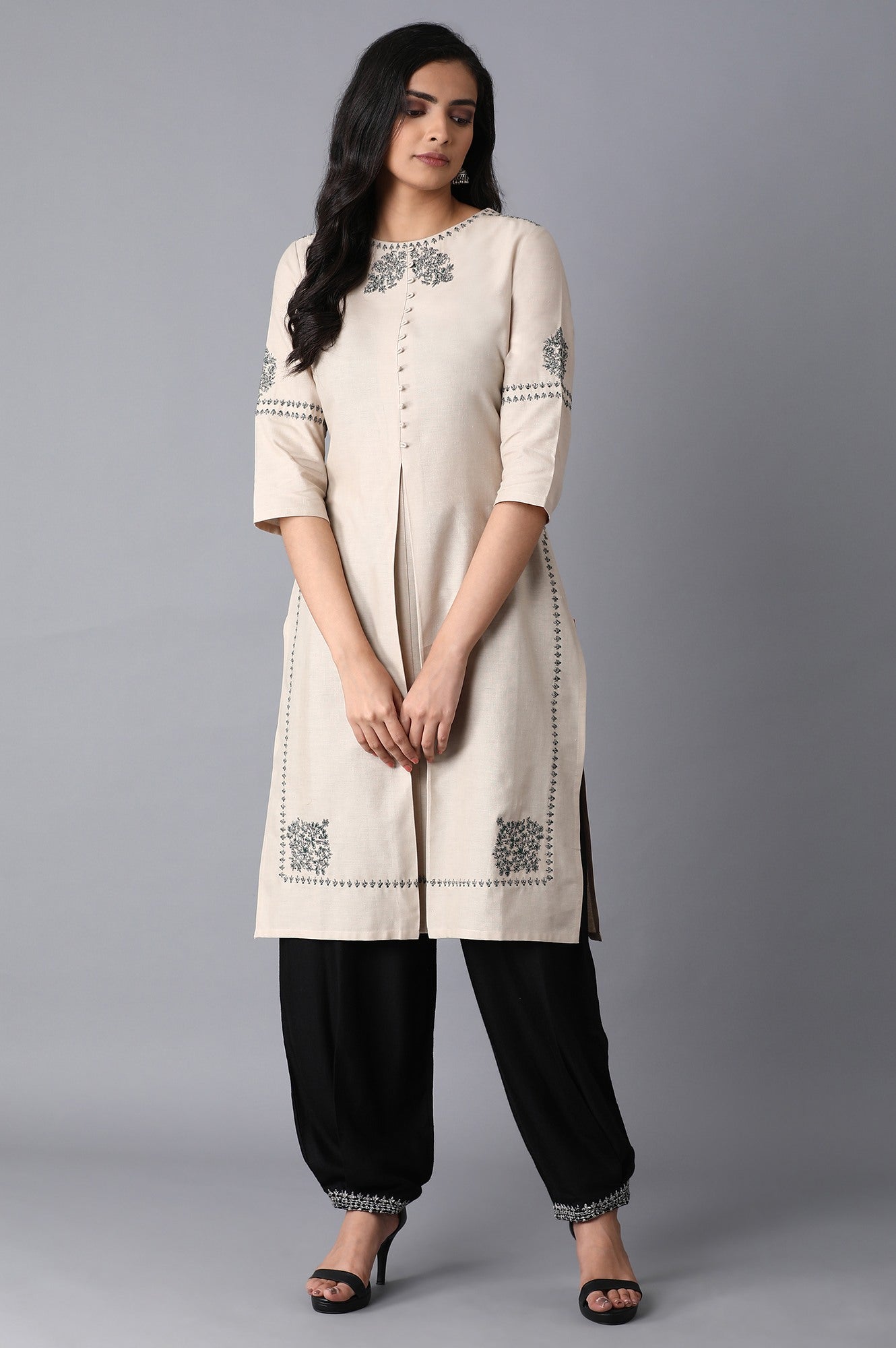 Beige Embroidered Straight kurta