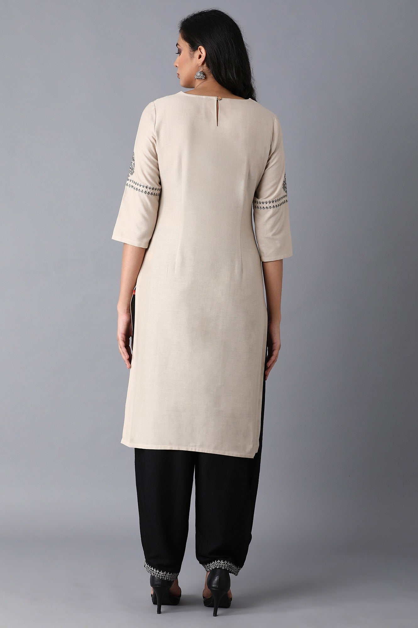 Beige Embroidered Straight kurta