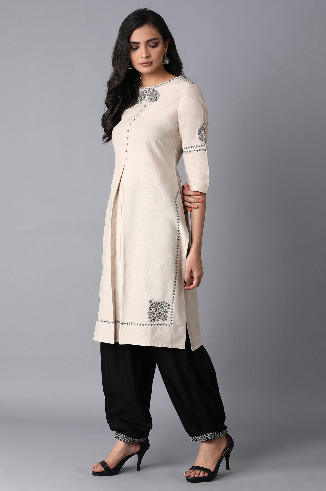 Beige Embroidered Straight kurta