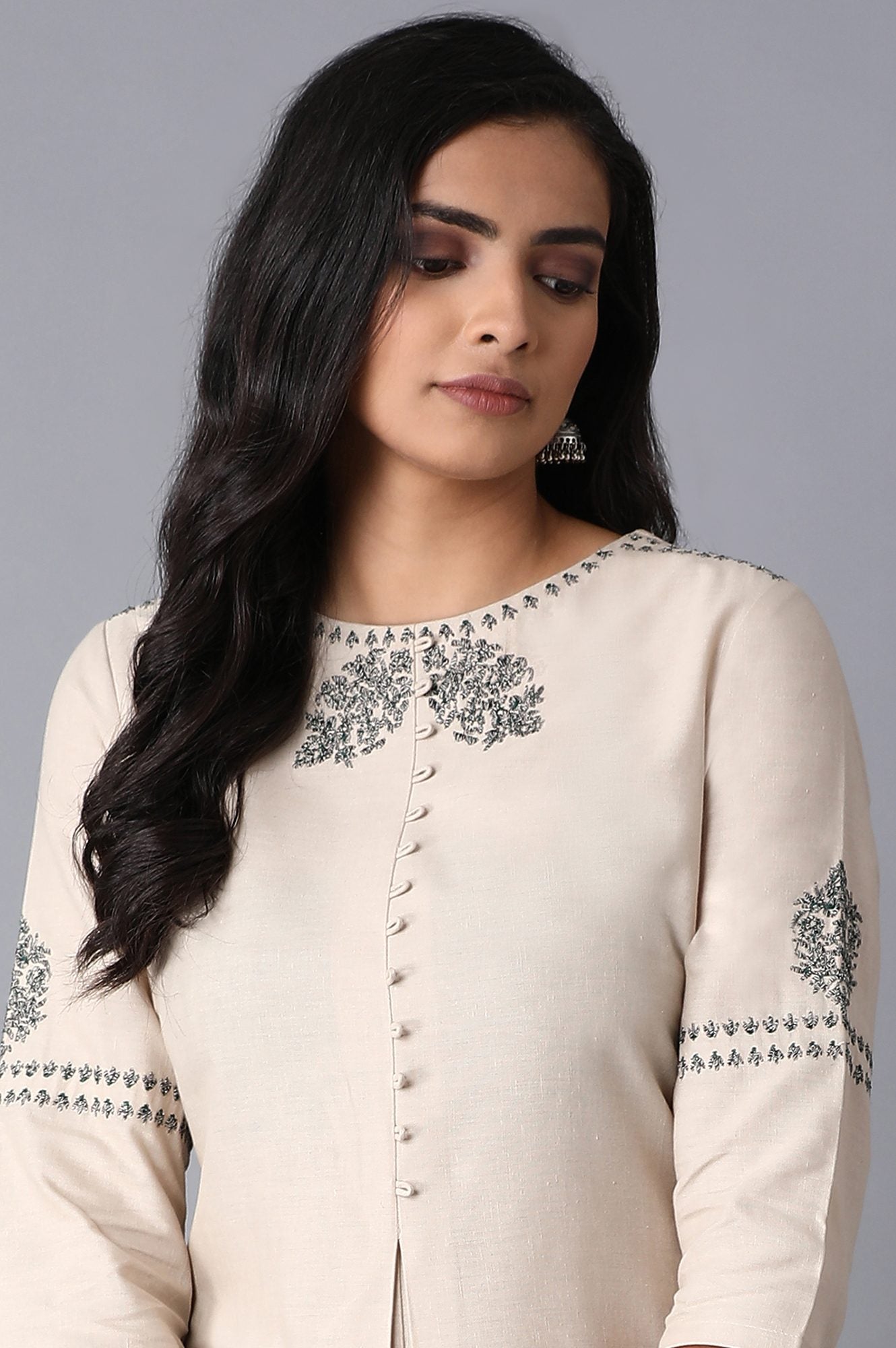 Beige Embroidered Straight kurta