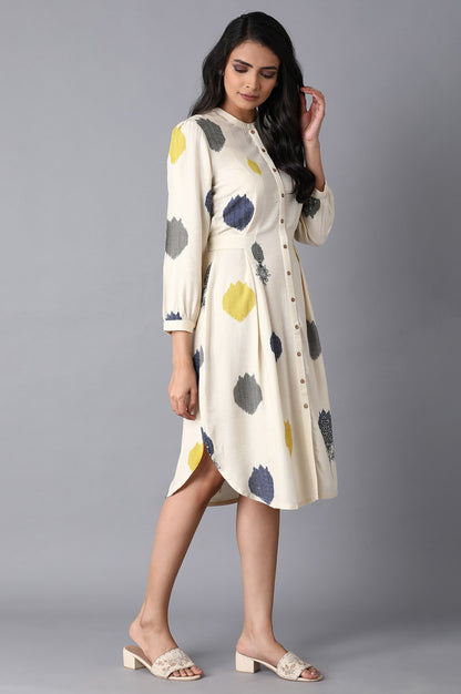 Ecru Polka Print Pleated Dress