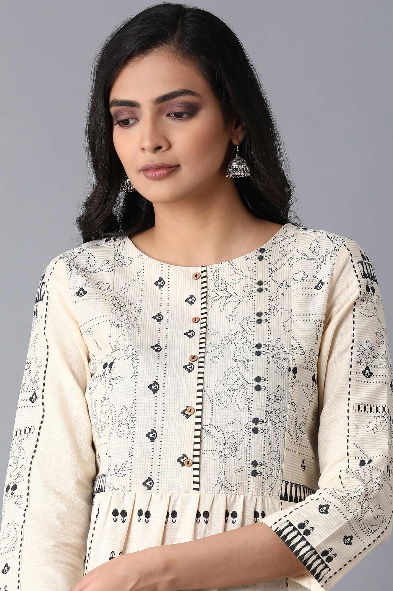 Ecru Printed Gathered kurta