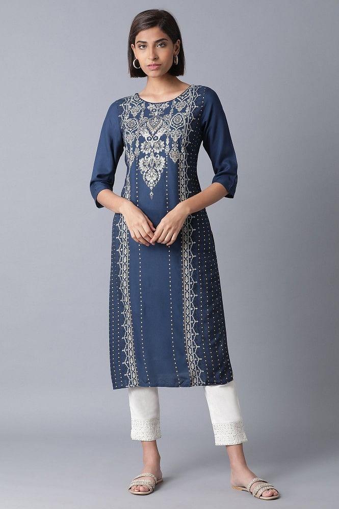 Blue Printed Straight kurta - wforwoman