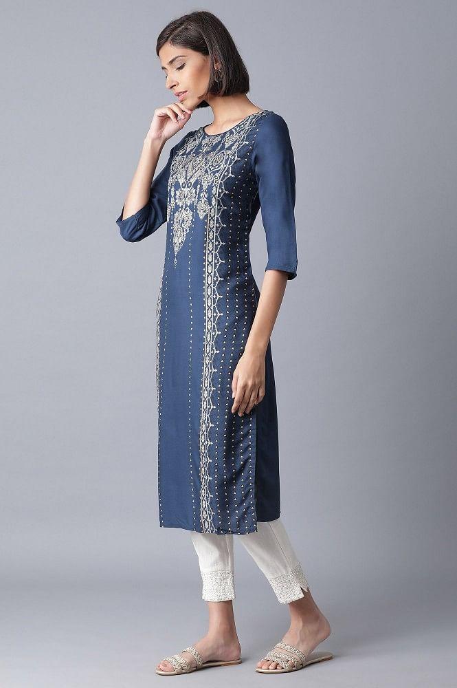 Blue Printed Straight kurta - wforwoman