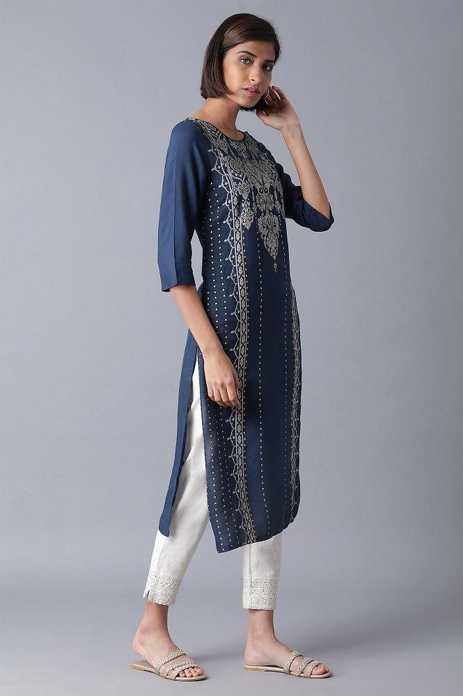 Blue Printed Straight kurta - wforwoman