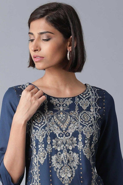 Blue Printed Straight kurta - wforwoman