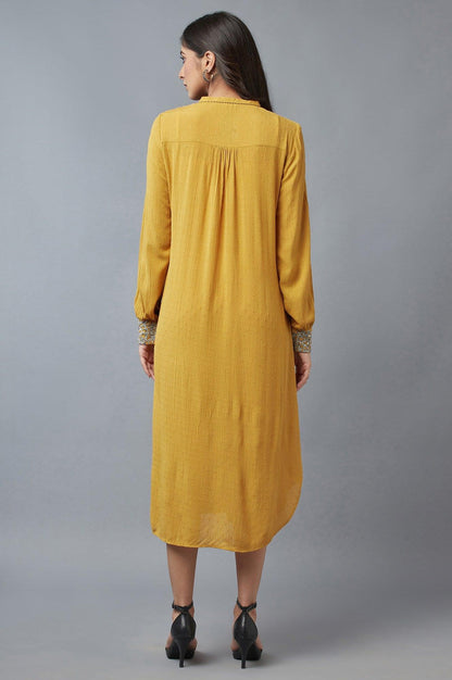 Mustard A-Line Dress With Tassle Tie-Up - wforwoman