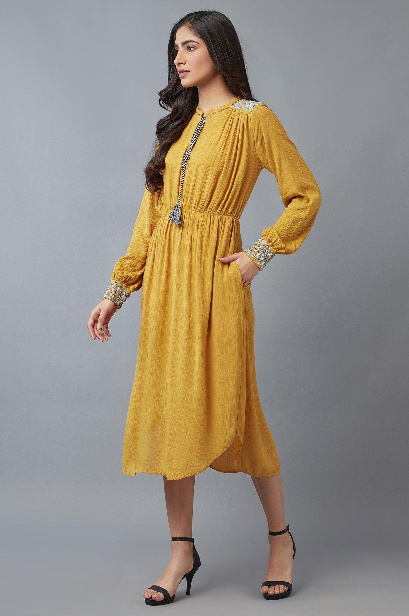 Mustard A-Line Dress With Tassle Tie-Up - wforwoman