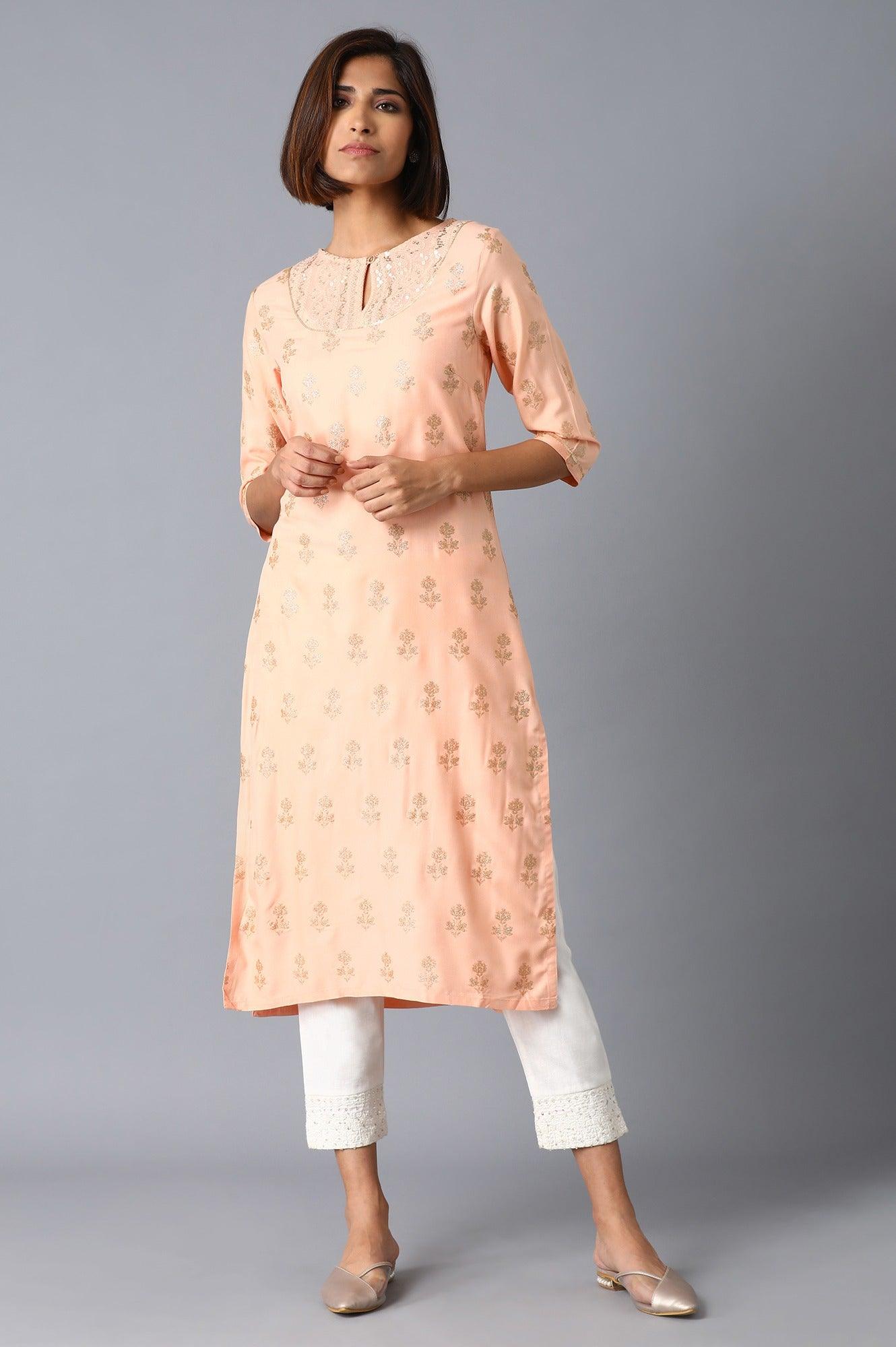 Peach Pink Glitter kurta - wforwoman