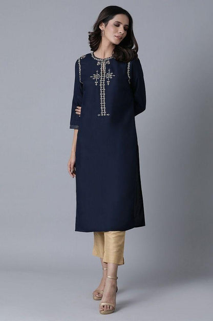 Navy Blue Embroidered kurta - wforwoman