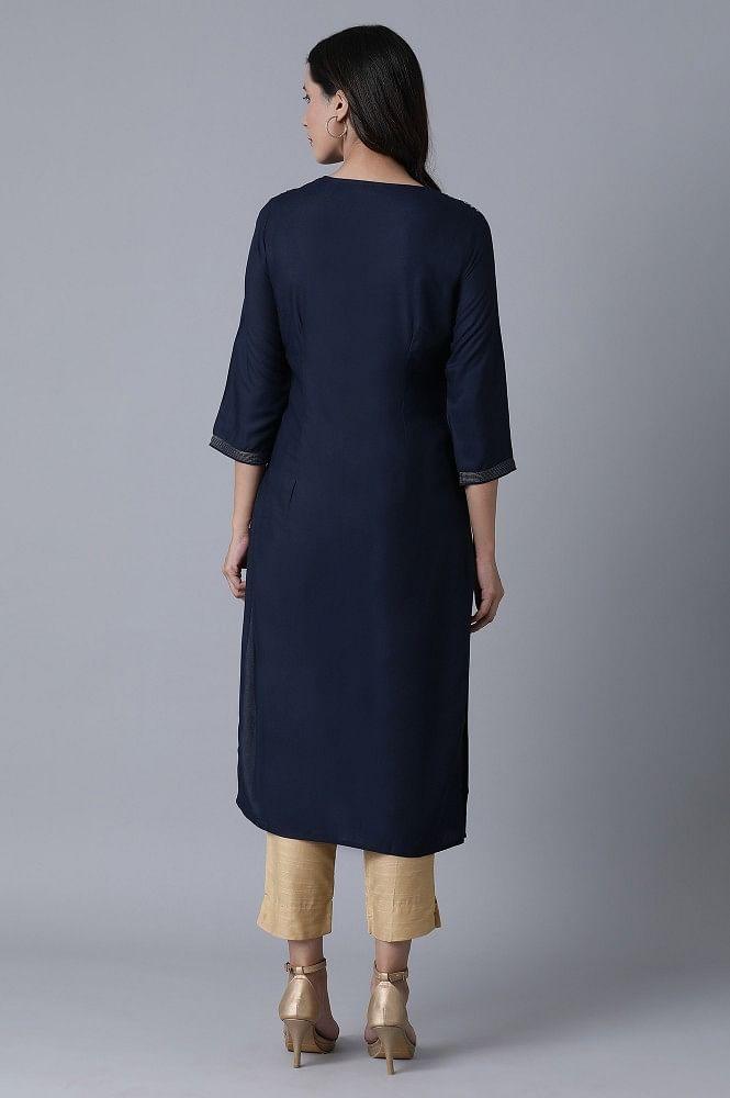 Navy Blue Embroidered kurta - wforwoman