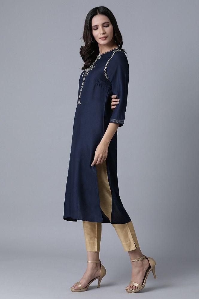 Navy Blue Embroidered kurta - wforwoman