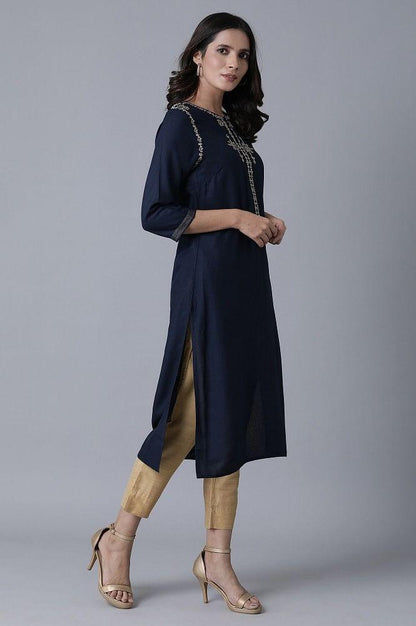 Navy Blue Embroidered kurta - wforwoman