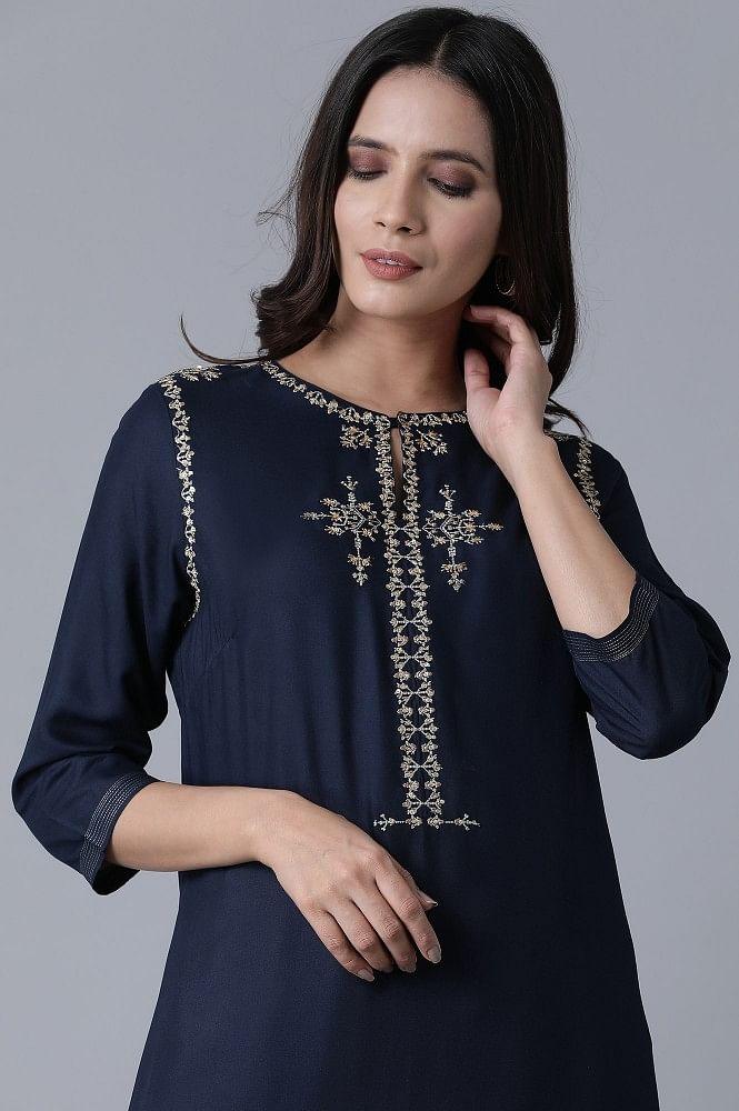 Navy Blue Embroidered kurta - wforwoman