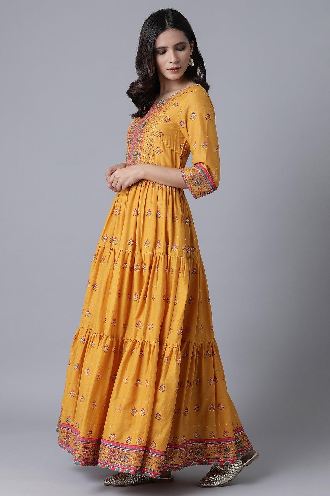 Yellow Printed Tiered Dress - wforwoman