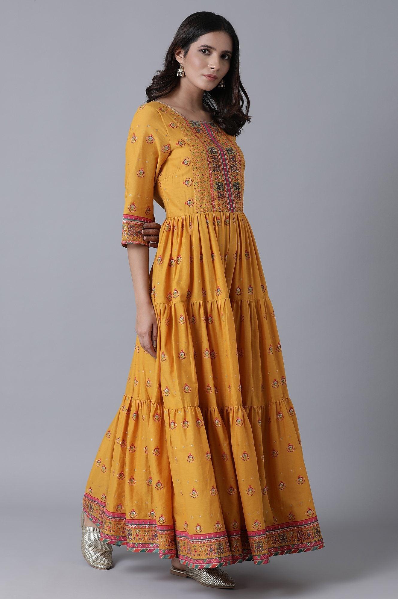 Yellow Printed Tiered Dress - wforwoman