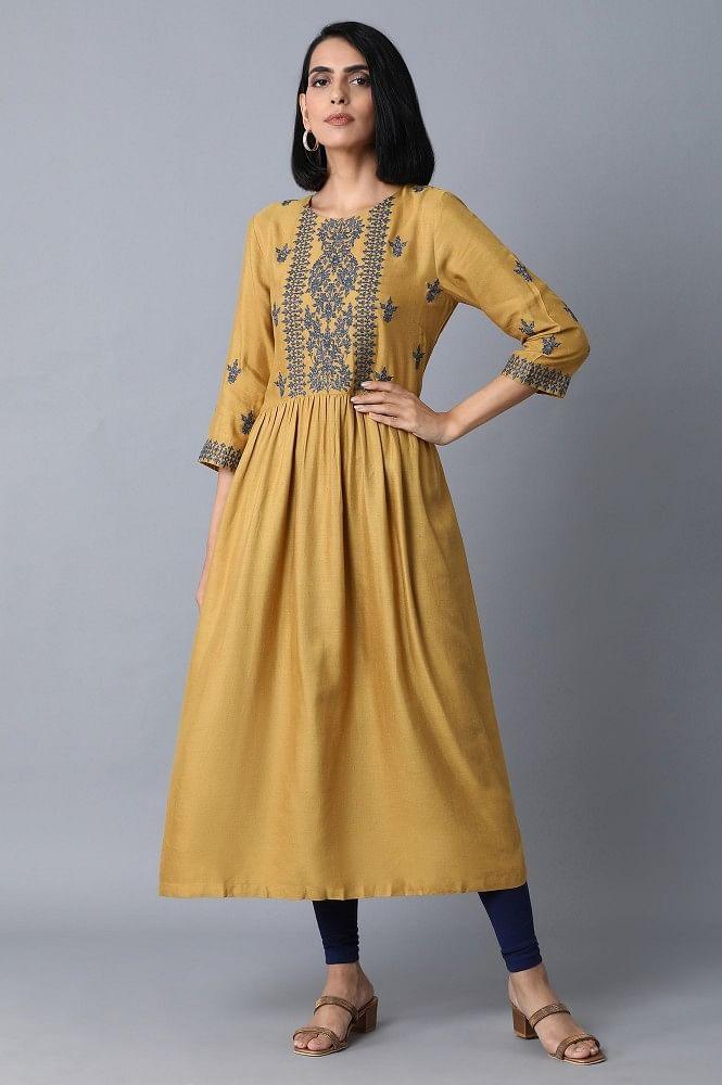 Dark Yellow Embroidered Dress - wforwoman