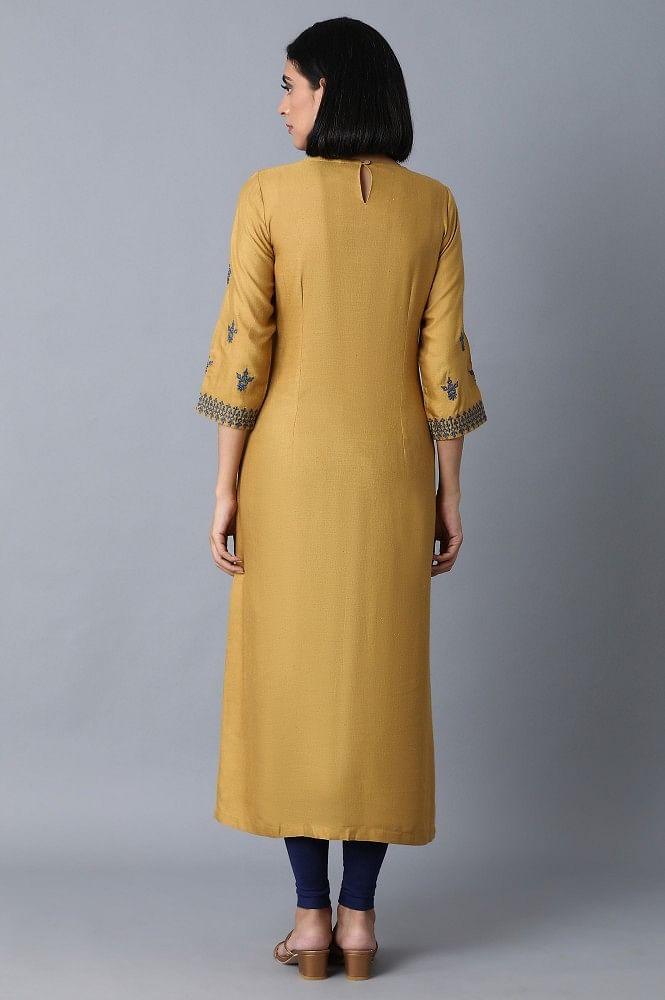 Dark Yellow Embroidered Dress - wforwoman