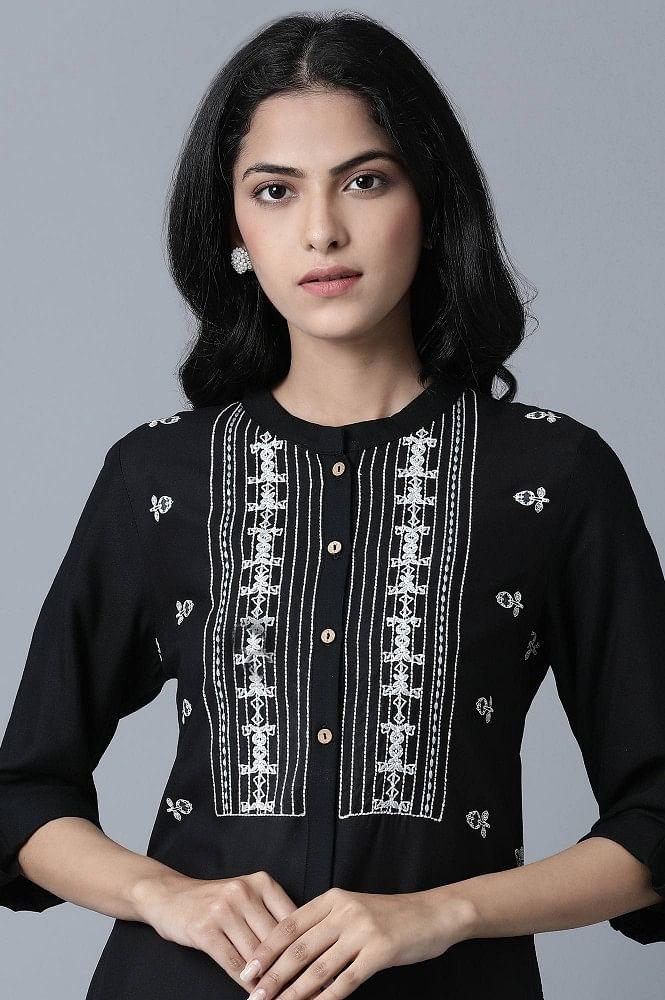 Black Embroidered and Printed Shirt kurta - wforwoman