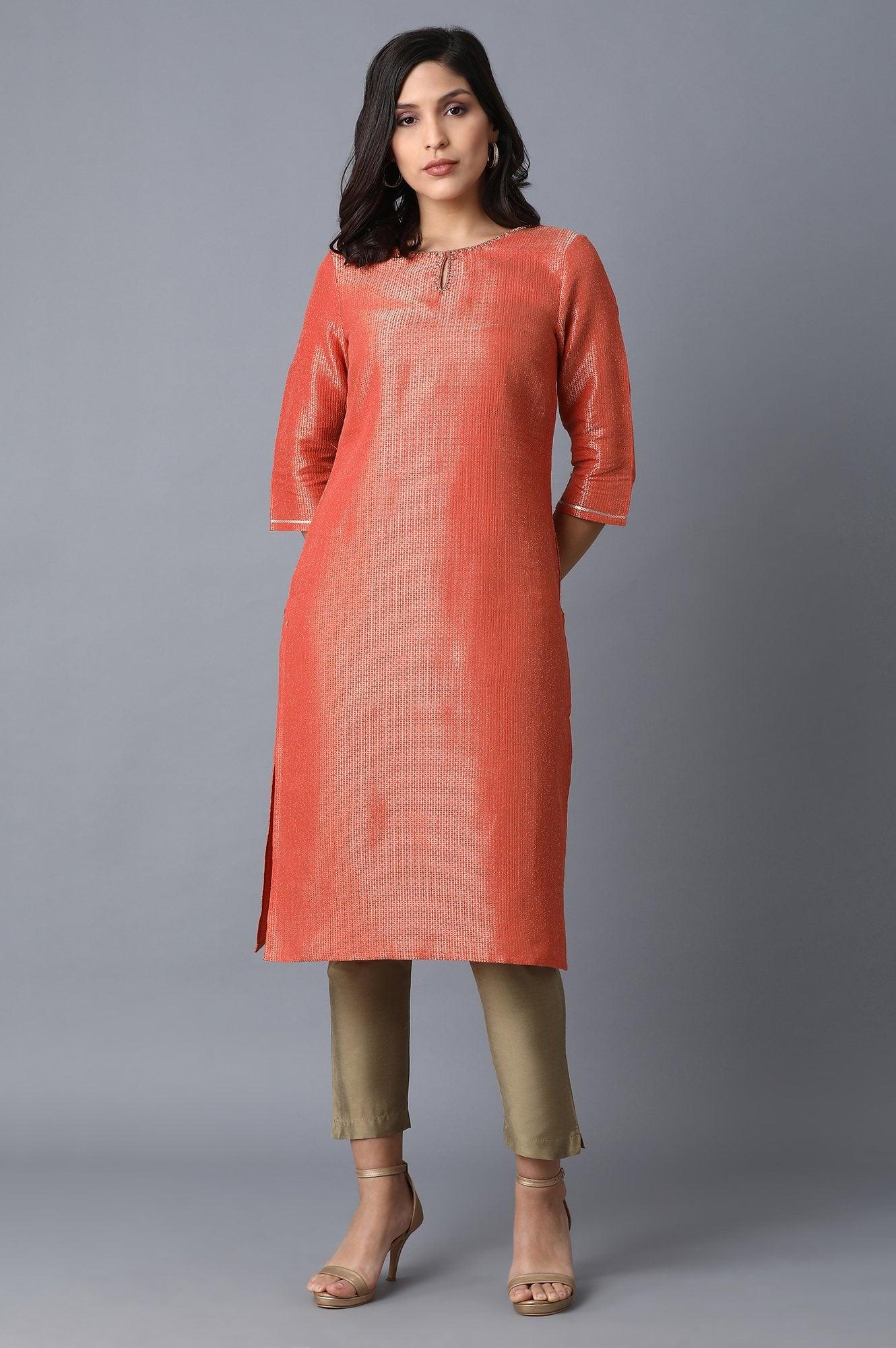 Orange Woven kurta - wforwoman