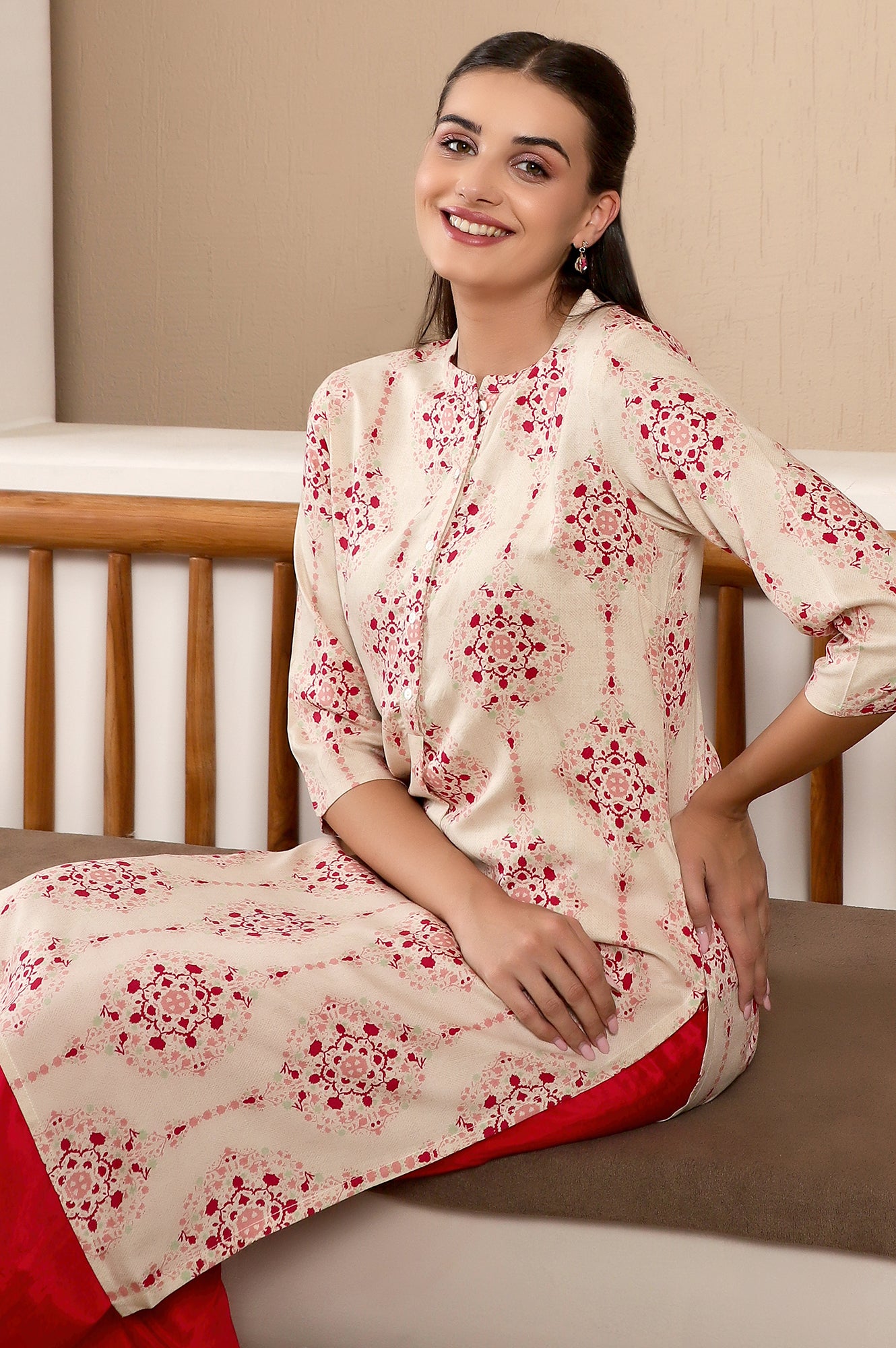 Buy Beige Floral Printed Mandarin Collar Classy Straight Kurta