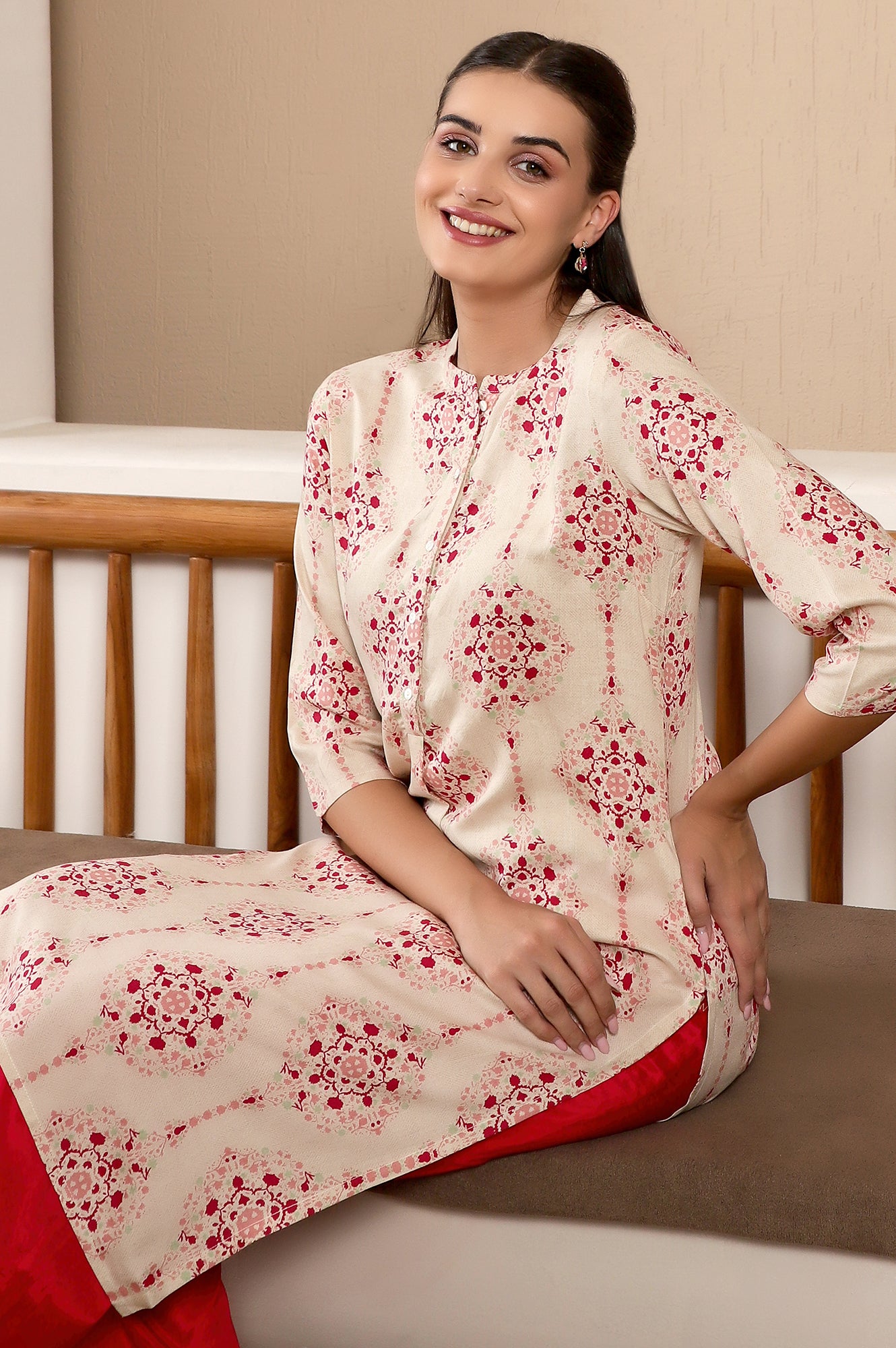 Beige Floral Printed Mandarin Collar Classy Straight Kurta