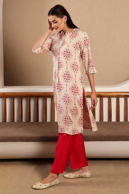 Beige Floral Printed Mandarin Collar Classy Straight Kurta