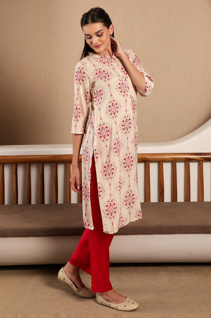 Beige Floral Printed Mandarin Collar Classy Straight Kurta