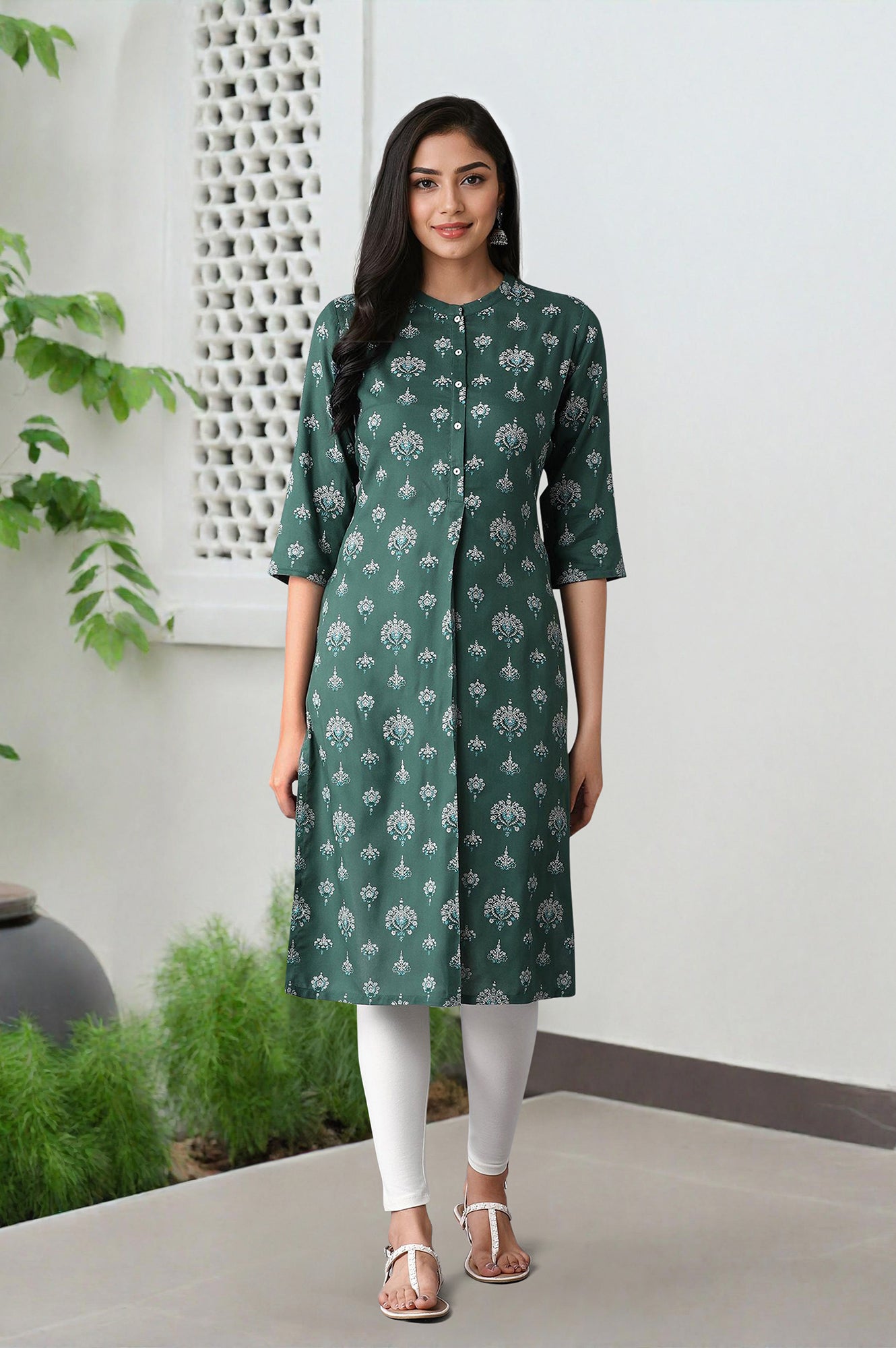 Green Geometric Printed Straight Rayon Kurta