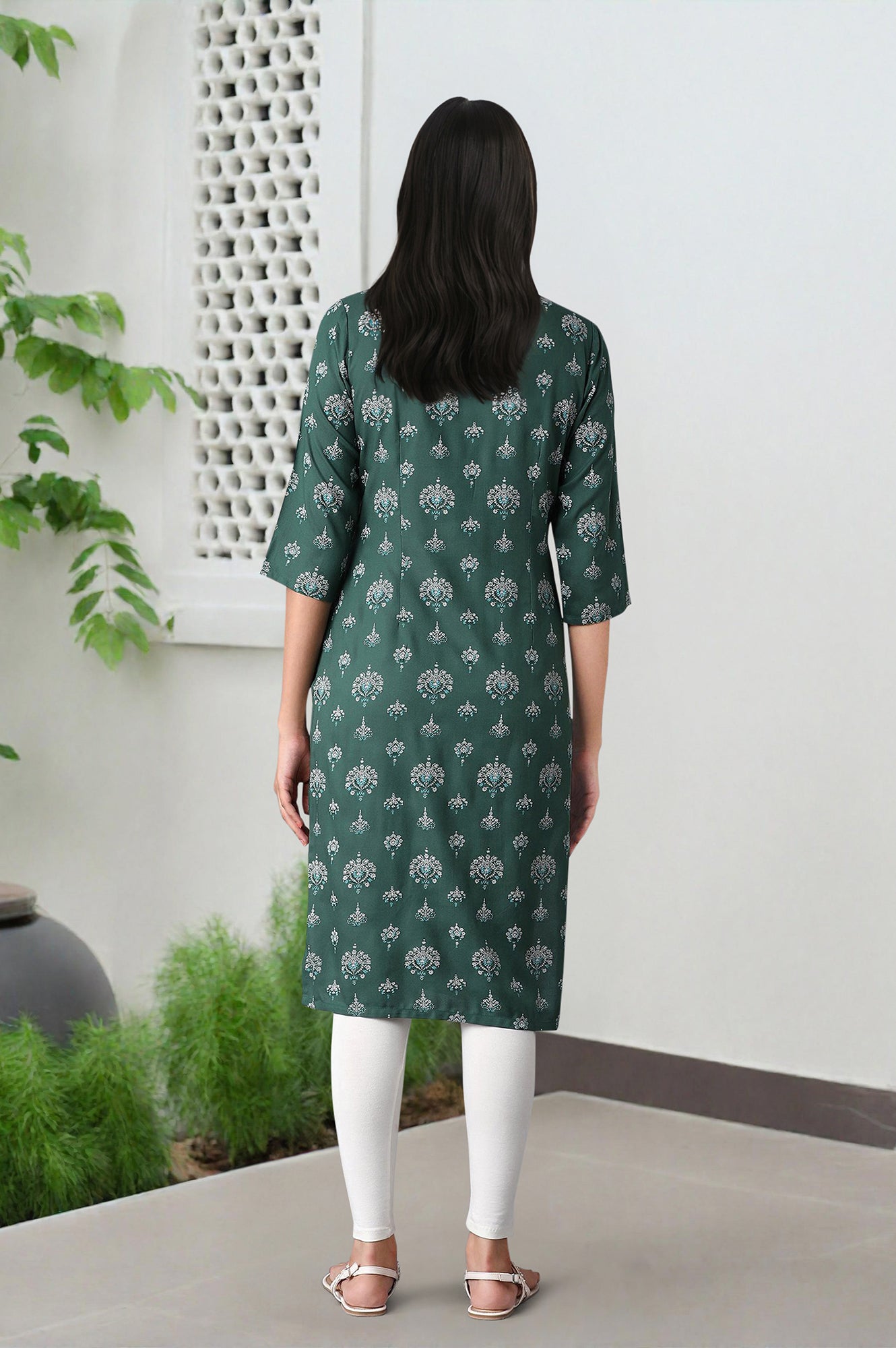 Green Geometric Printed Straight Rayon Kurta