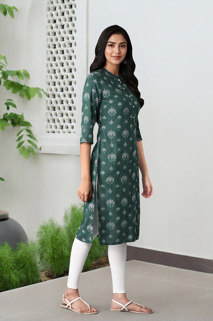 Green Geometric Printed Straight Rayon Kurta