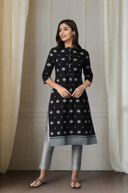 Black Geometric Printed Pure Cotton Straight Kurta