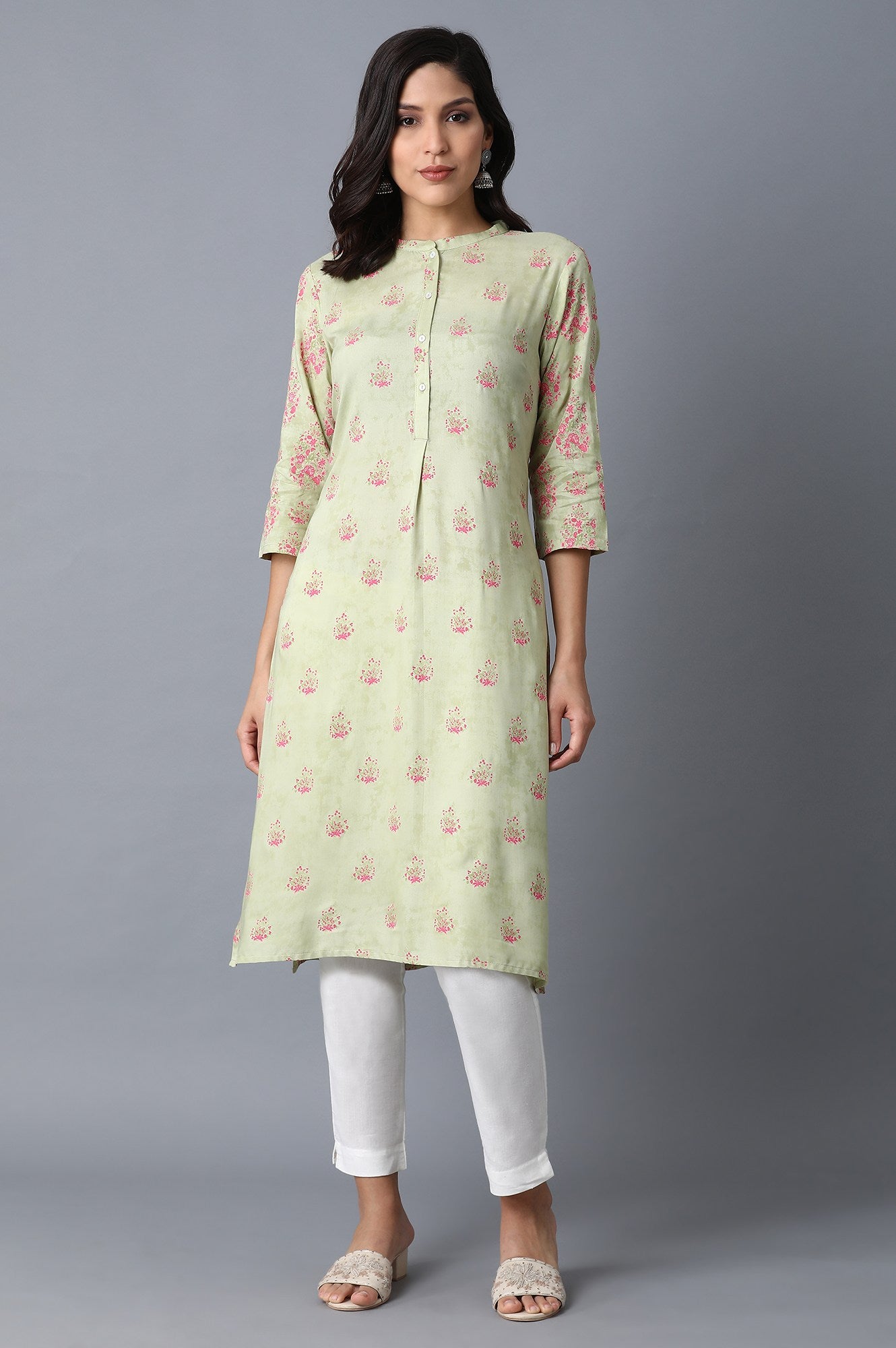 Green Printed Straight Kurta  - wforwoman