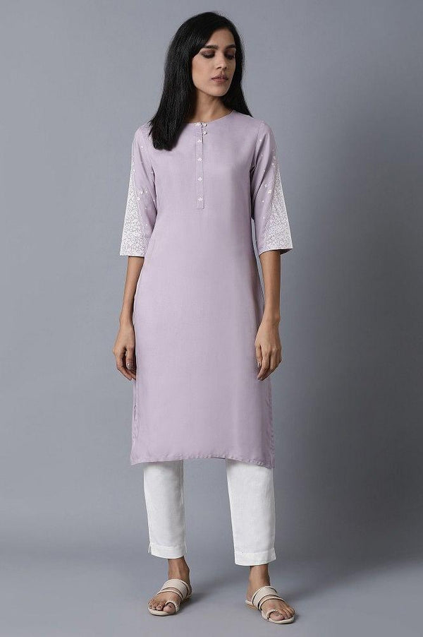 Lilac kurta With Printed Yoke